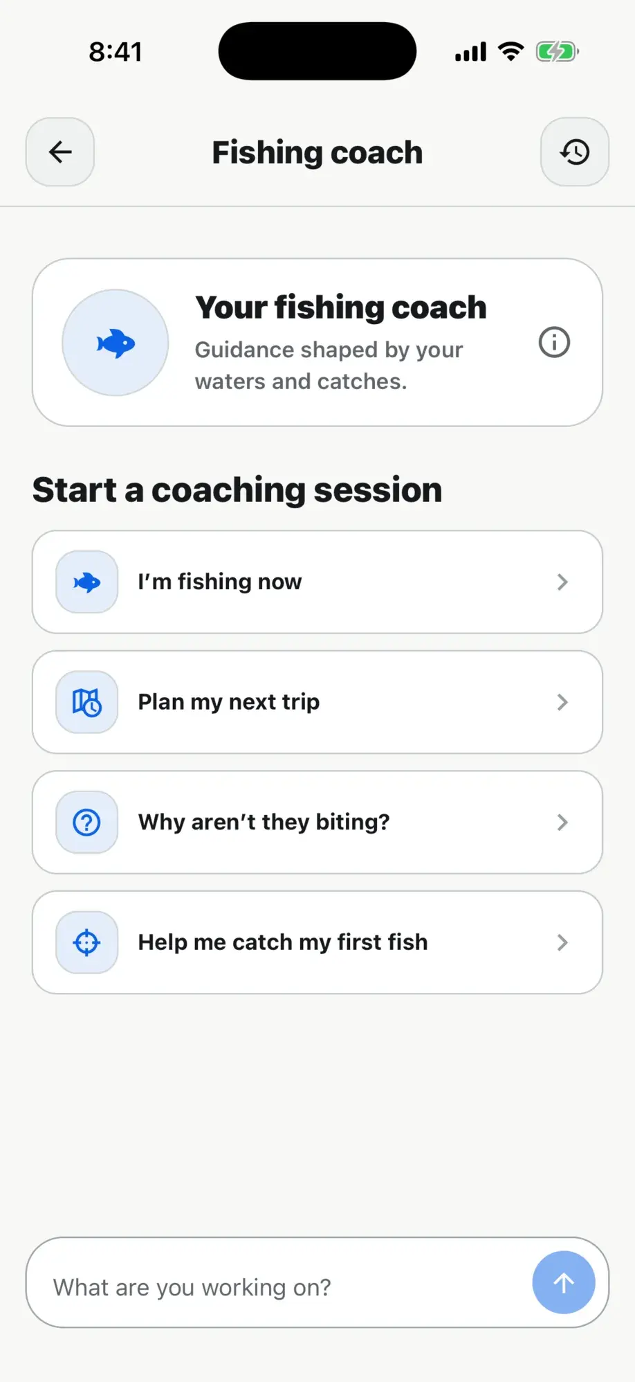 Tacklbox AI fishing coach, ready to start a coaching session