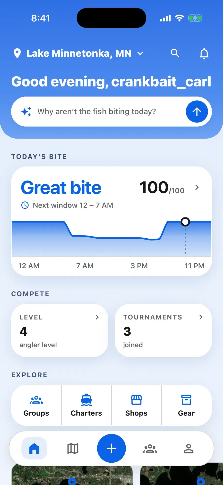 Tacklbox home screen — a great bite, 100 out of 100, on Lake Minnetonka, with your level and tournaments