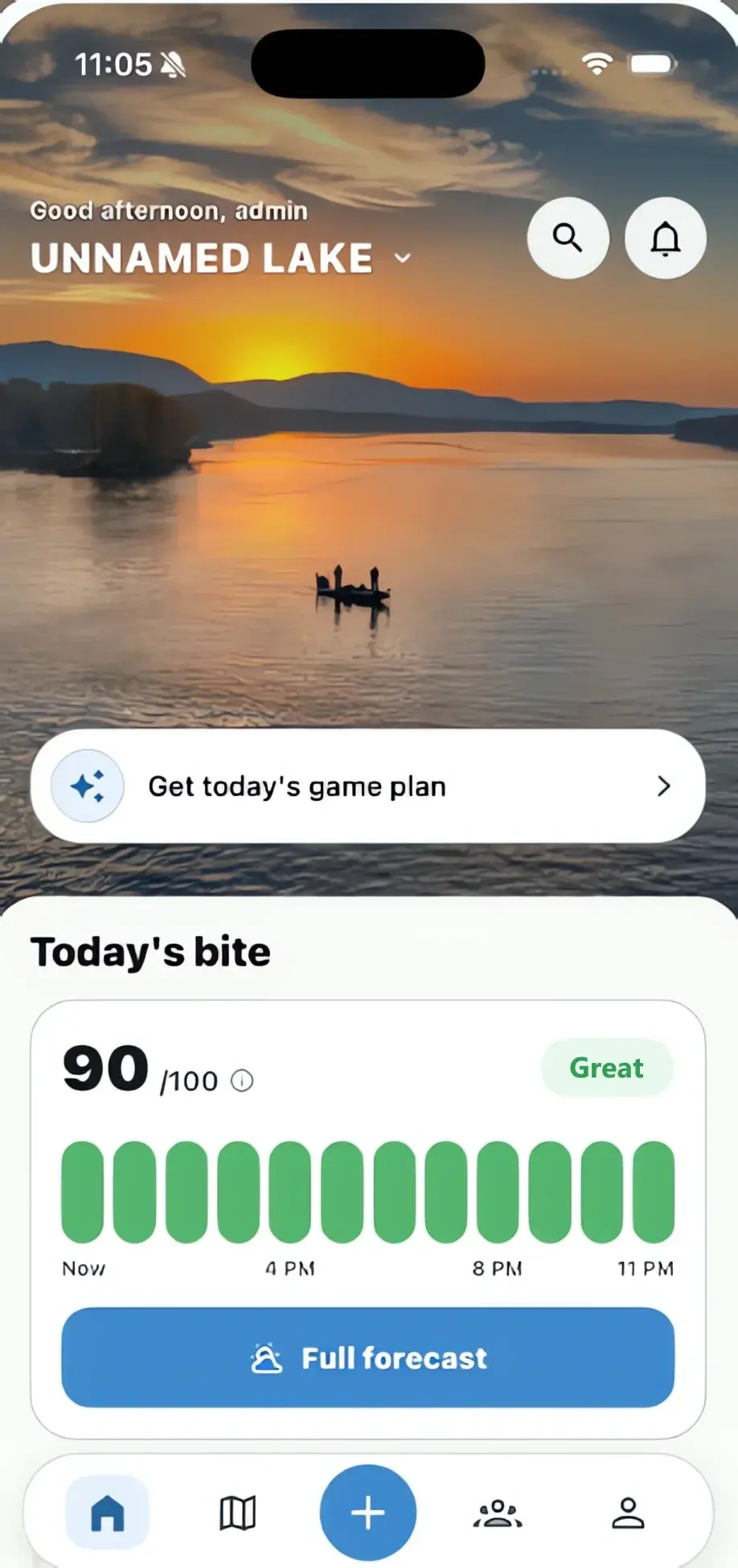 Tacklbox home screen — today's bite score of 90 out of 100 for Lake Lanier