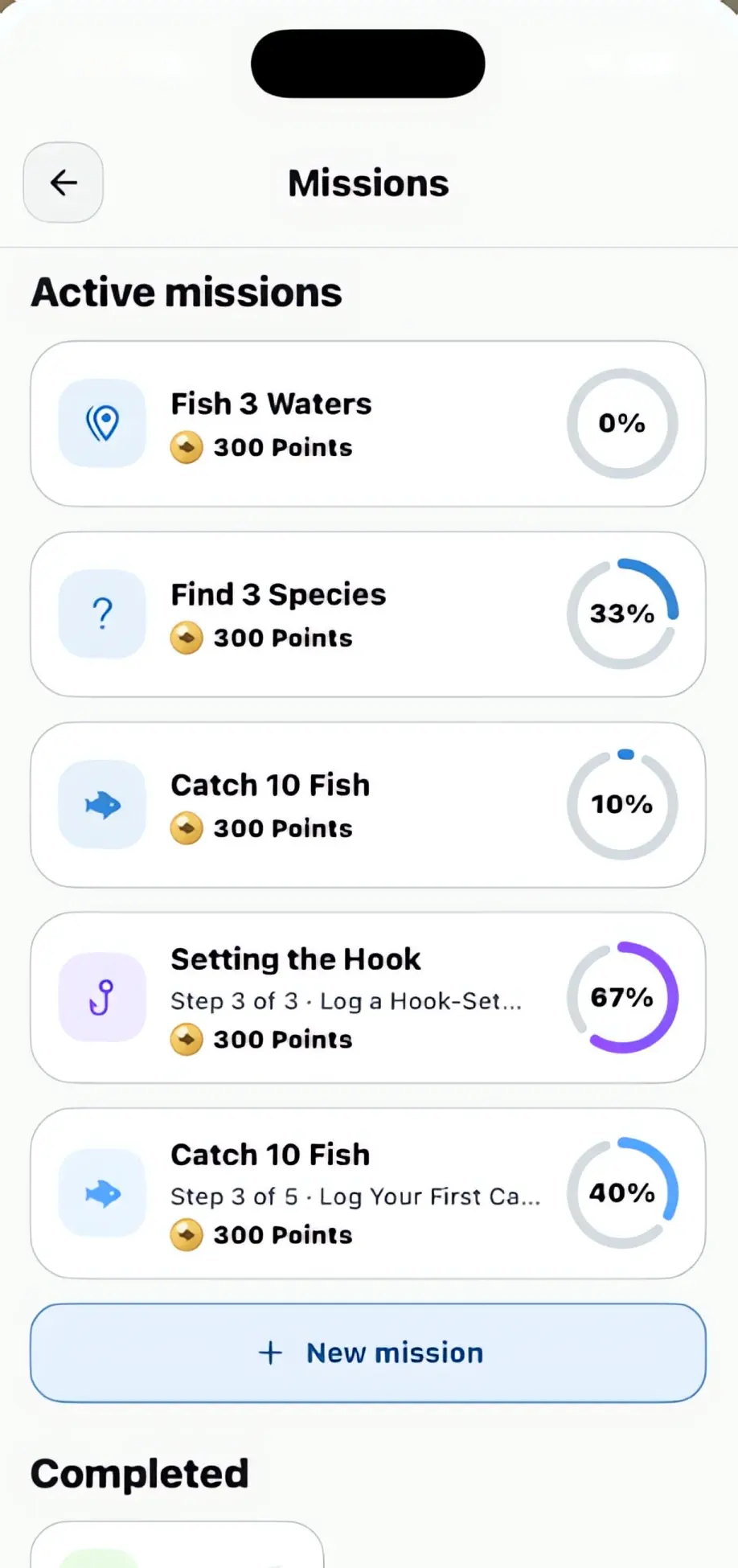 Tacklbox missions screen — active missions with XP progress rings